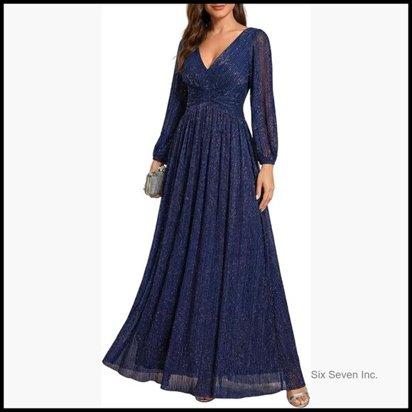 Glitter Formal A-Line Dress Long Sleeves Floor Length Evening Gown